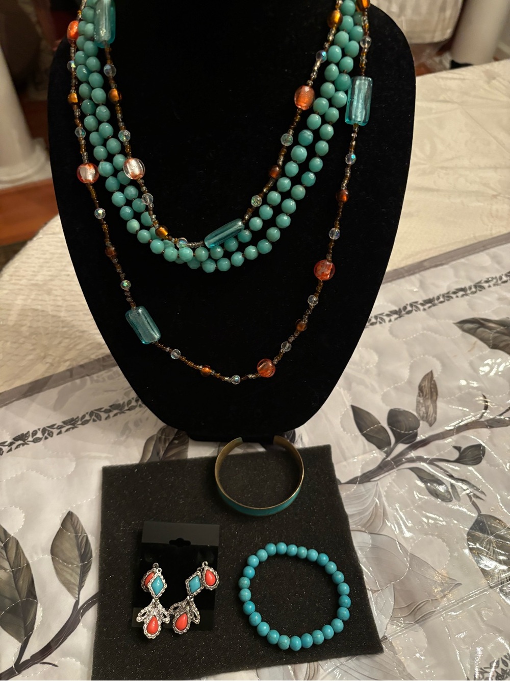 Southwest Style Beaded Necklace Set with Coral Accent - Women’s Jewelry